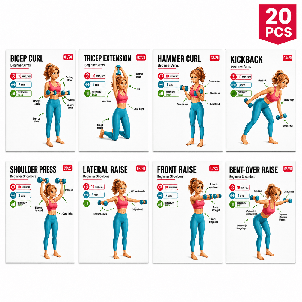 TEMU 20pcs Beginner-friendly Guidance Training Cards, Home Dumbbell Training Cards, Full Set Of Movements For , Shoulders, Chest, Back, And Legs,