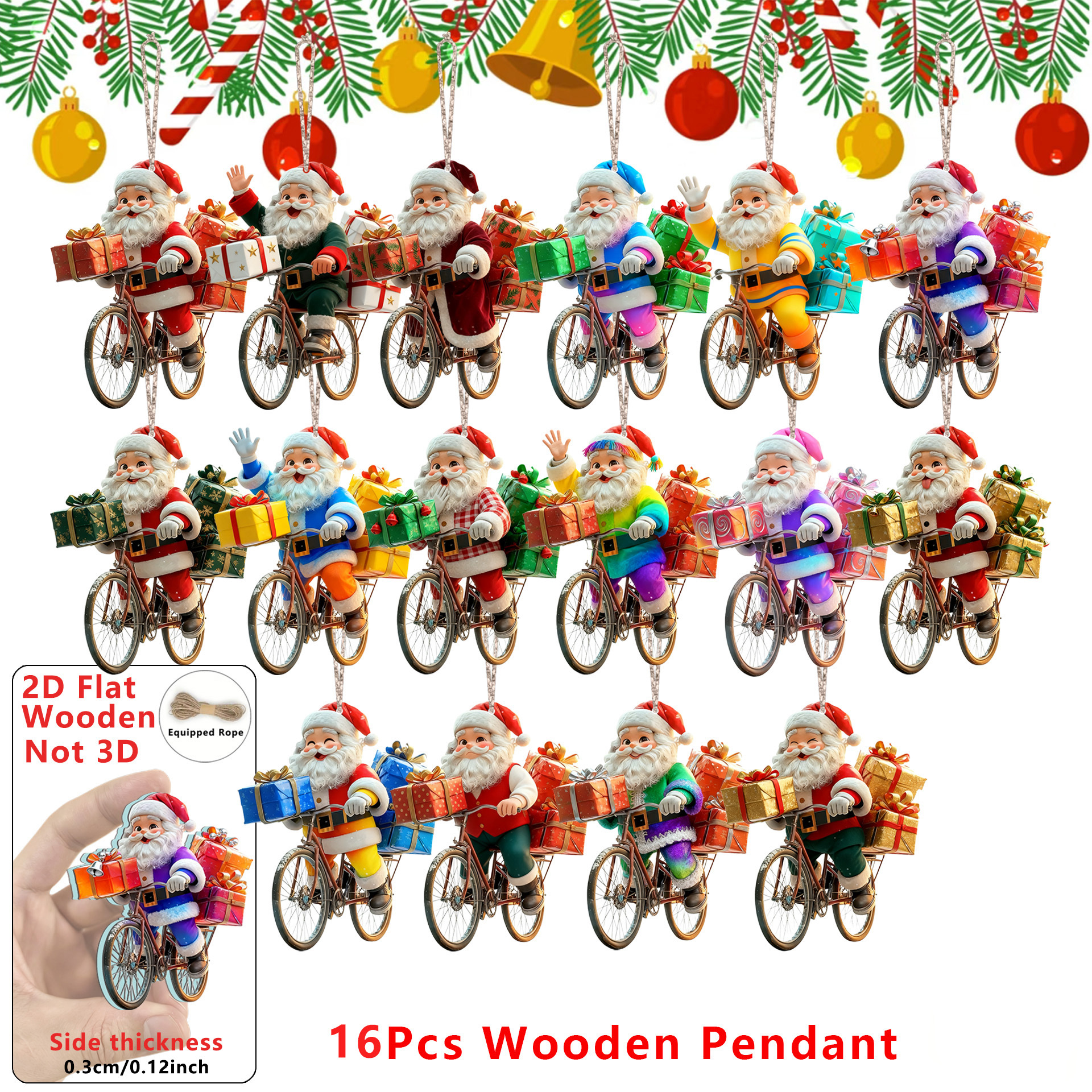 TEMU 2d Flat, 16pcs Pack Santa Riding Wooden Ornaments - Cyclist Santa Claus Pendant Suitable For Christmas Tree, Party Decorations, Artificial