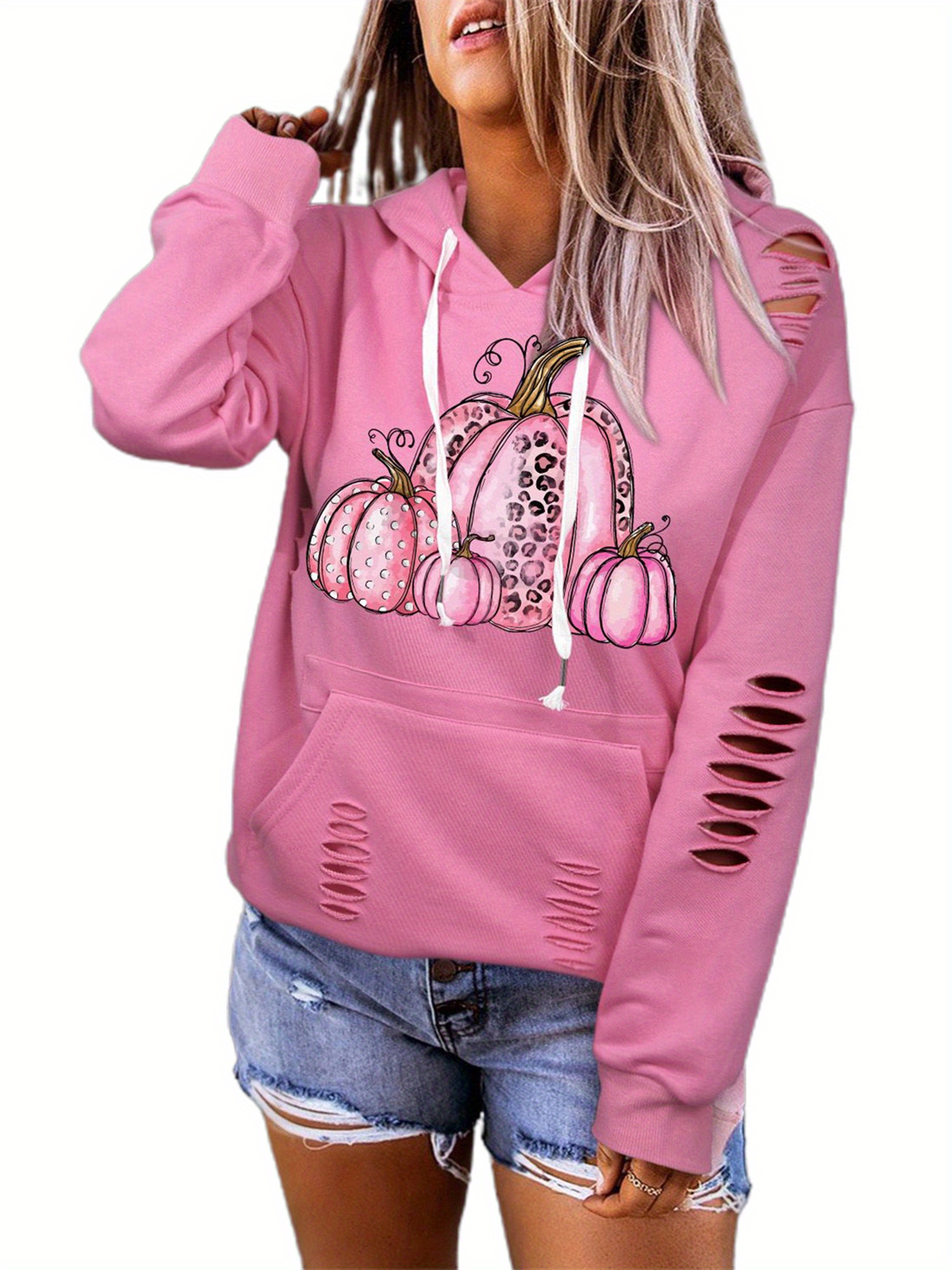 womens pink halloween pumpkin hoodie ripped long sleeve Temu Canada
