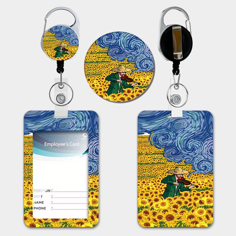 TEMU Men's Trench Coat Playing Violin Sunflower Field Van Gogh Style Id Protective Case Women's Id Card Holder With Retractable Lanyard And Key Ring
