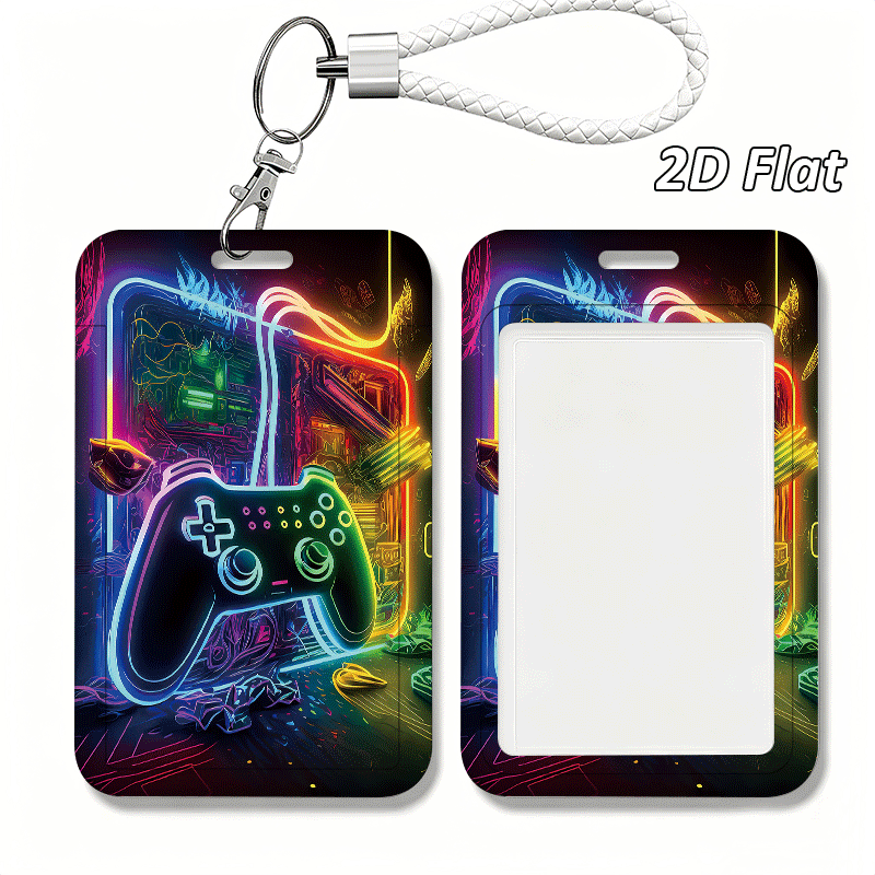 TEMU Étui porte-carte d'identité créatif avec motif imprimé néon de de jeu plate 2D, avec porte-clés lanière, porte-cartes en plastique durable.