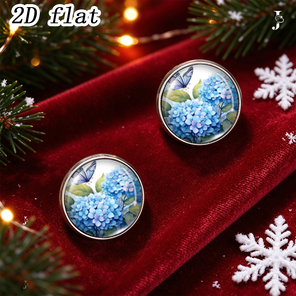 Blue Hydrangea & Butterfly Pattern Round Glass Stud Earrings