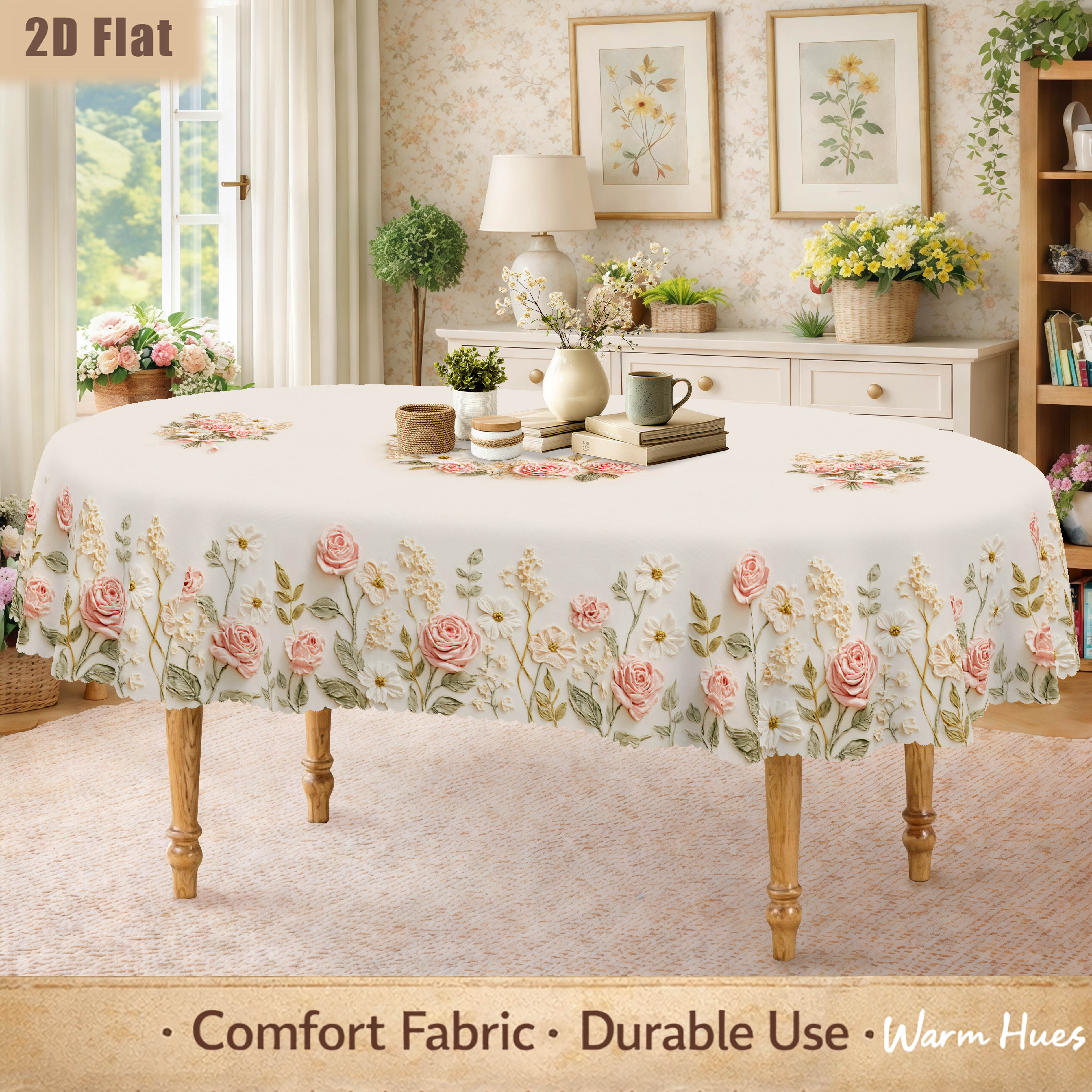 TEMU 1pc, 2d Flat Cottagecore Floral Tablecloth, Pink Rose Daisy & Print On Cream Background, Kitchen Dining Room Decor, Spring Summer Garden Party