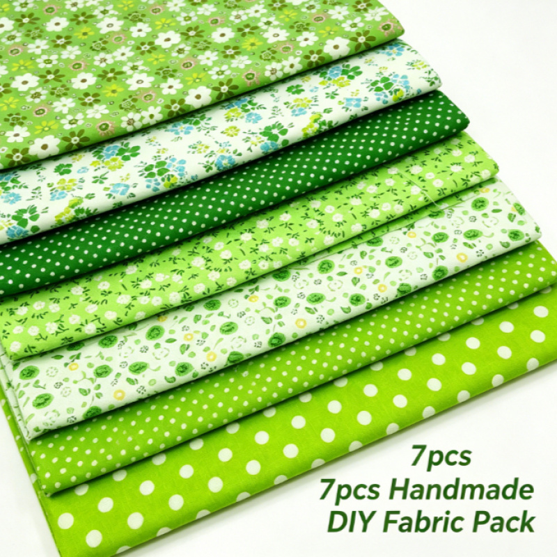 TEMU 7pcs Bohemian Green Floral And Polka Dot Fabric Set, Pre-cut Squares For Sewing, , And Diy Crafts, Suitable For Sewing Enthusiasts