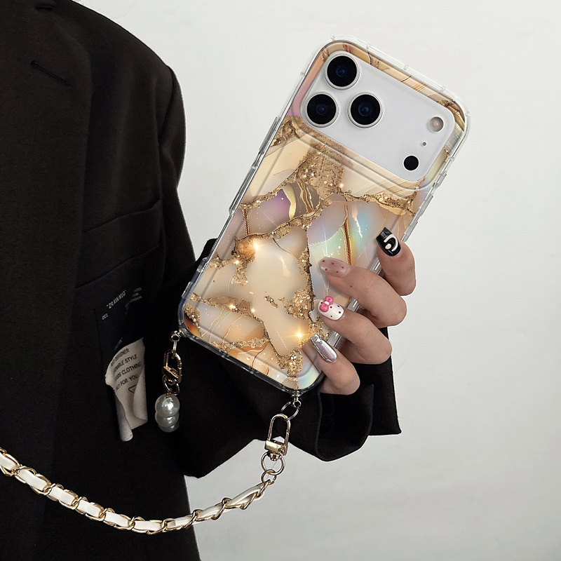 TEMU para Teléfono - Una para teléfono con cordón de perlas de de cuero, estampada con un de mármol chapado en oro para iPhone Air 17 16 15 14 13 12