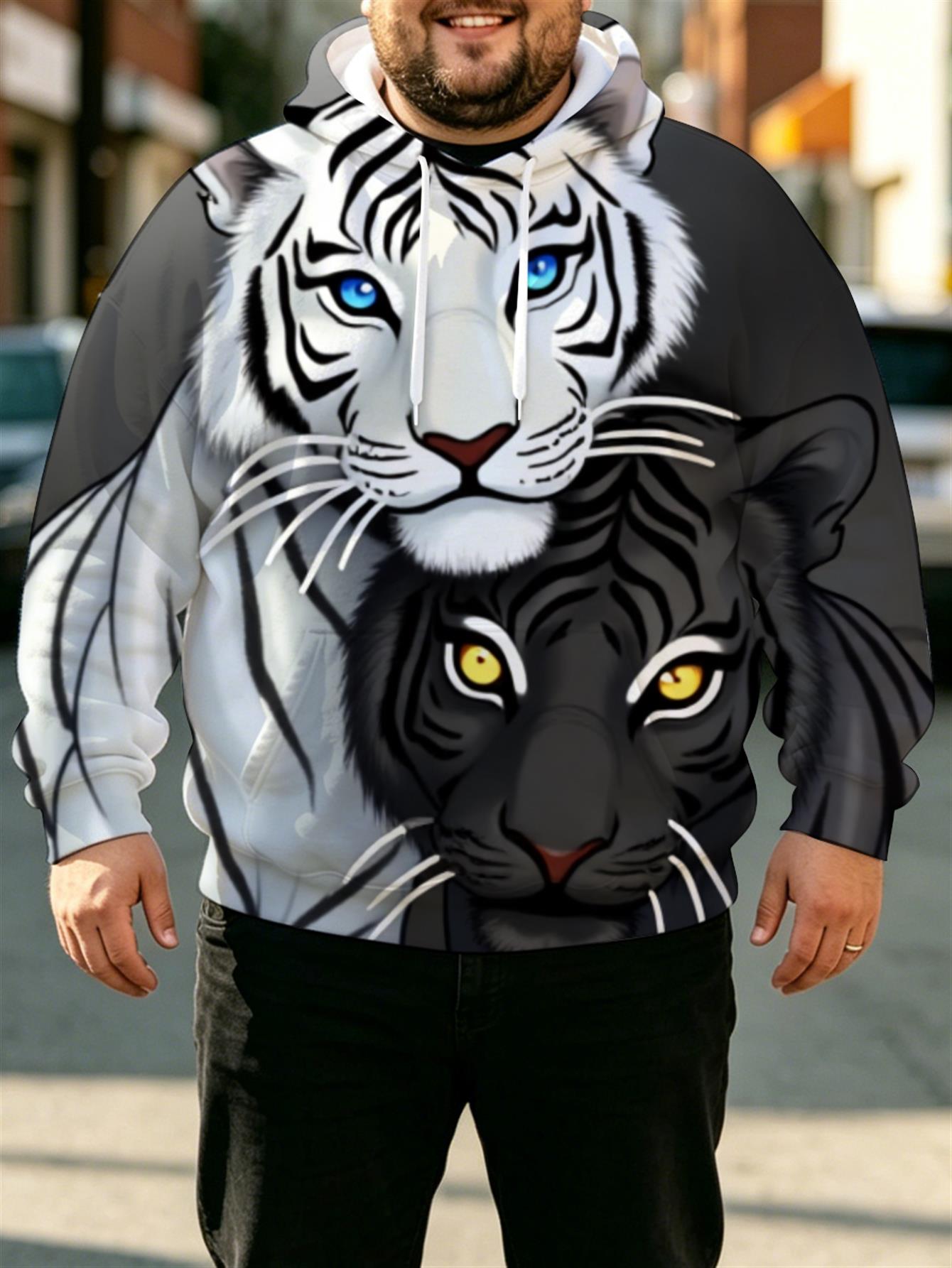 Men s Plus Size Fleece Hoodie with   Tiger Print - Thick Warm Streetwear Sweatshirt, Hooded Pullover Suitable for Weather, Machine Washable, Regular Fit for Gym, Outdoor & Casual Wear, PLUS SIZE