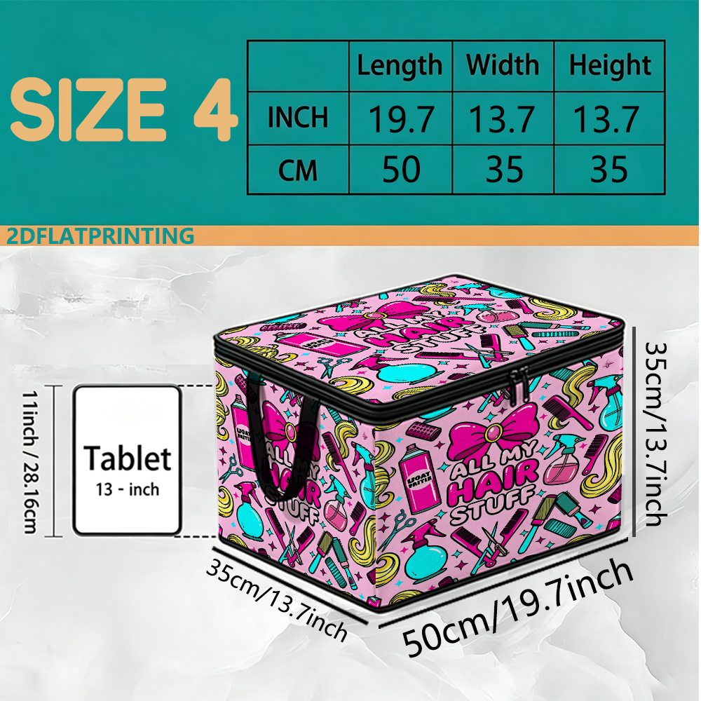 TEMU Cartoon Beauty And Hair Styling Tools Bow Full-text Printed Pattern 2d Flat Print, Soft Fabric Large-capacity Foldable Clothing Organizer Box