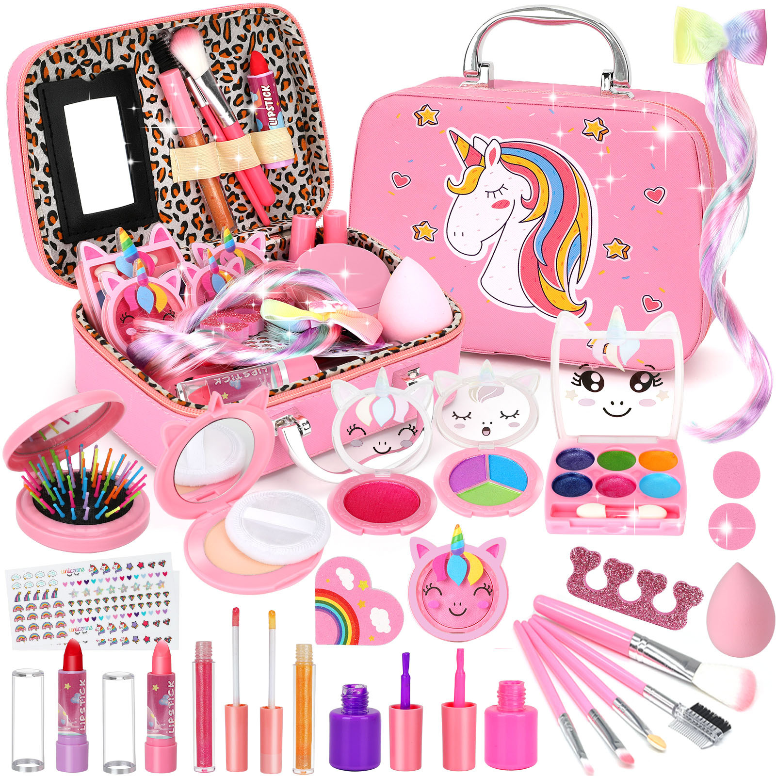 TEMU 28pcs Washable Makeup Set For Girls - Includes Brushes & Case, Perfect Christmas Or Birthday Gift 3-12