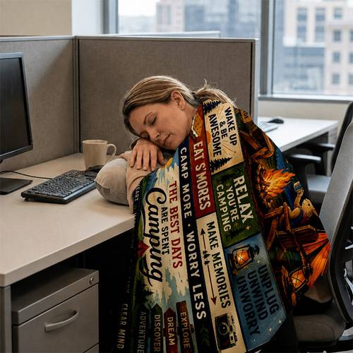 camping themed printed throw blanket featuring a vintage hand painted style with designs of campfires pine forests and warm slogans warm tones create a cozy atmosphere suitable for outdoor camping friend and autumn