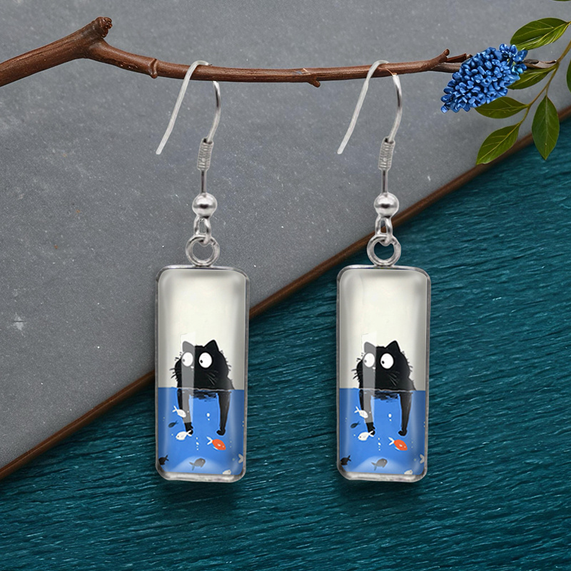 TEMU A Pair Of Stylish Square Earrings Featuring Interesting Cat Designs, Handcrafted From Glass, Without Battery
