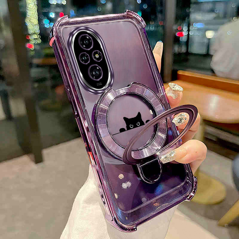 TEMU Adorable Transparent Phone Case Featuring A Black Cat, Designed For Huawei Honor 200, Offering Shock Resistance And A Stand