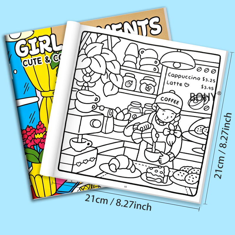 TEMU 1pc Stress Relief Coloring Line Drawing Book, Colored Pencil Coloring Book, Adult/children, Daily Life Scene Line Drawings, Including Cafe Work,