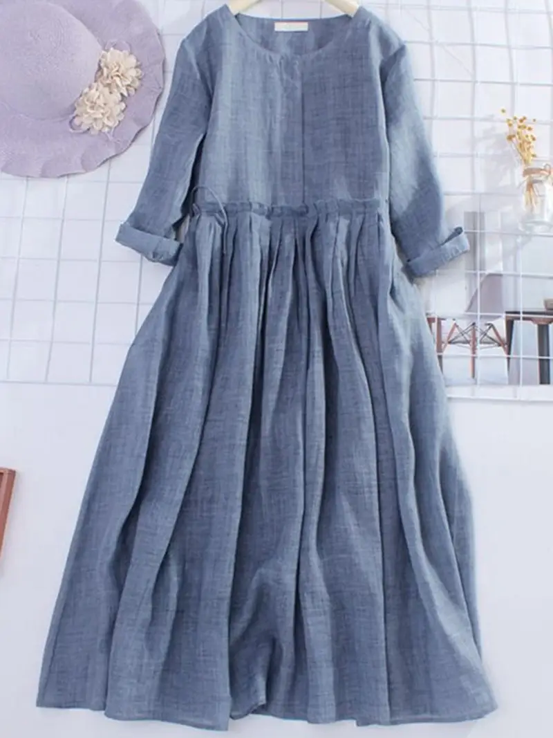 Women's 3/4 Sleeve Maxi Dress - Solid Color Drawstring Waist * Beach Dress, Lightweight Breathable Fabric for Summer Vacations * Women's 3/4 Sleeve Maxi Dress - Solid Color Drawstring Waist * Beach Dress, Lightweight Breathable Fabric for Summer Vacations *