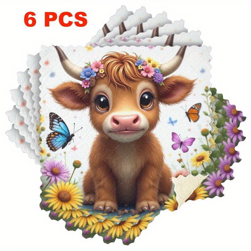 TEMU 3/6-pack Kitchen Dish Cloths, Reusable Cleaning Cloths With Cartoon Cow Pattern, Microfiber Scouring Pads, Highly Absorbent And Easy To Clean,