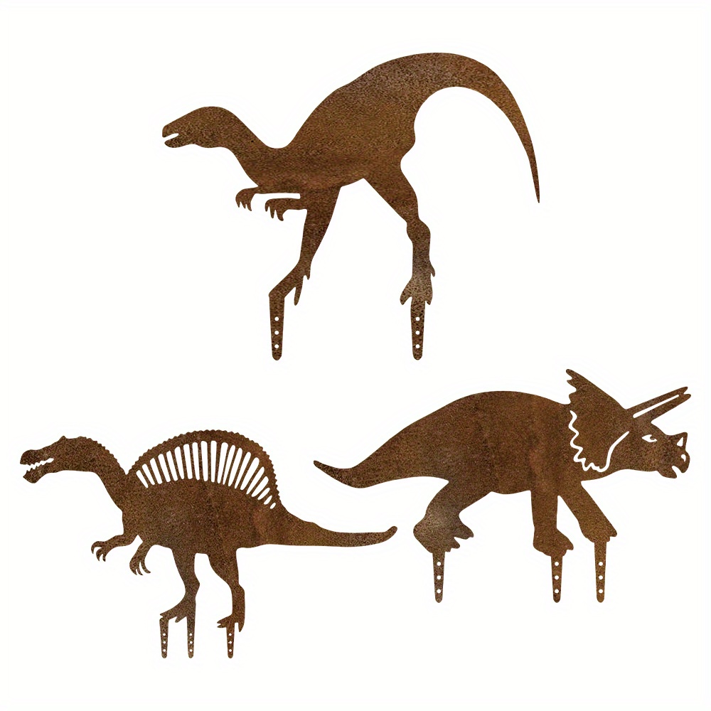 TEMU 3pcs Rusty Dinosaur Metal Garden Art Decor, Rusted Dinosaur Garden Stakes, Fence Topper Decor, Decorative Dinosaur Garden Decor For Patio Lawn