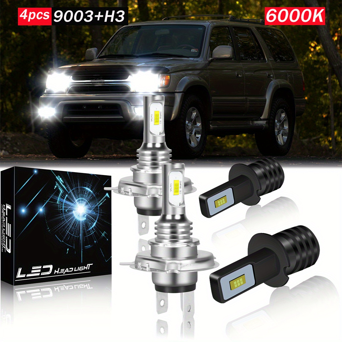 4pcs, Fit For For 4runner 1999-2002 Led Headlight Bulbs 9003/h4 High/low Beam+h3 Fog Light Bulbs, Cool White Light 6000k, Plug And Play, Headlight Bulbs Replacement Parts
