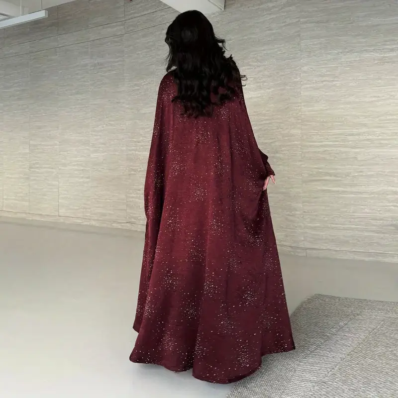elegant long sleeve abaya dress with sparkling shoulder sequins modest muslim womens burgundy traditional robe floor length non stretch fabric for spring summer hand clean muslim dress Product details 3