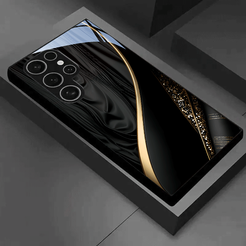 E-shop Handyhülle - Schwarzes goldenes, verwobenes Satin Kunst Gehärtetes Glas Handyhülle Schwarz für Samsung Galaxy S25/S24/S23/S22/S21/S20/Note