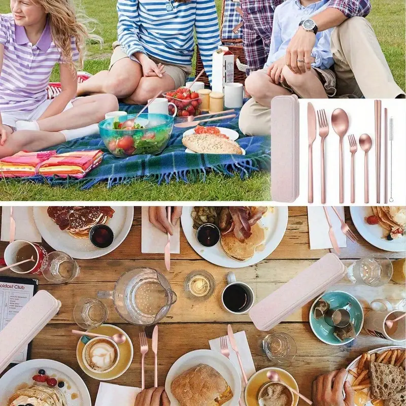 8pcs stainless steel flatware set - rose golden portable reusable travel cutlery with elegant rose , compact & lightweight utensil set with cleaning brush, dishwasher safe - fork, knife, spoon, chopsticks, straw & case for camping, office, picnic, home - durable & hygienic, ideal for outdoor & everyday use - stylish rose golden color, -resistant, easy to clean, dining, cutlery case Product details 5
