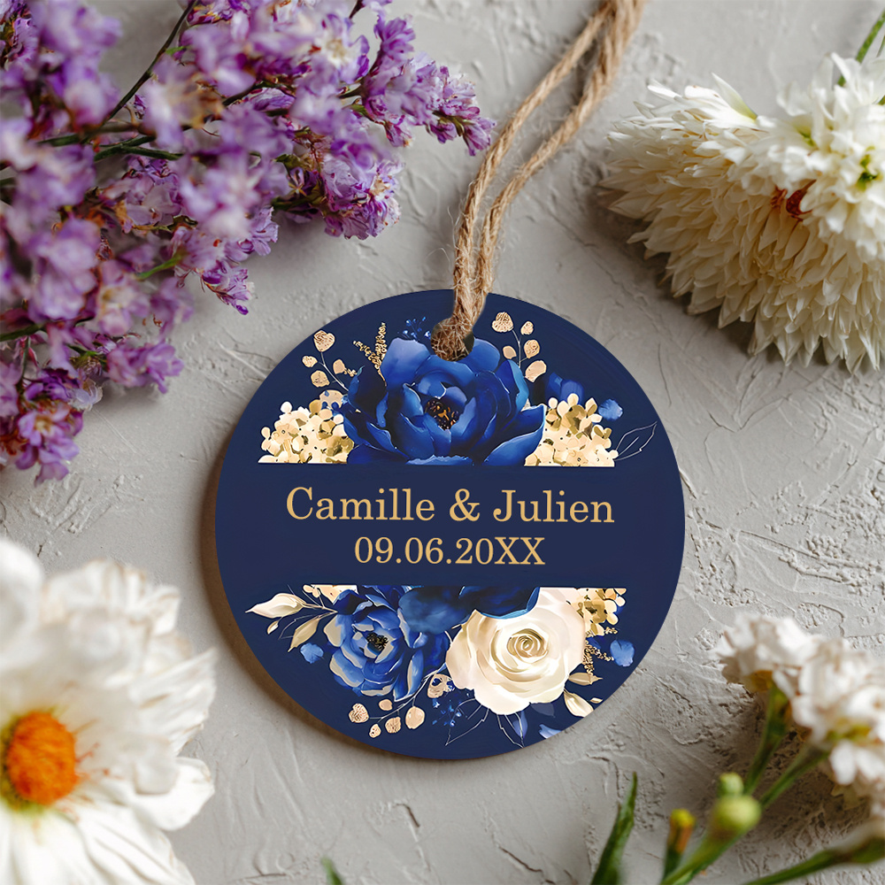 TEMU Étiquettes-cadeaux rondes de mariage personnalisées, 48 ou 96 pièces, avec ficelle de jute, motif floral bleu et blanc, personnalisable,