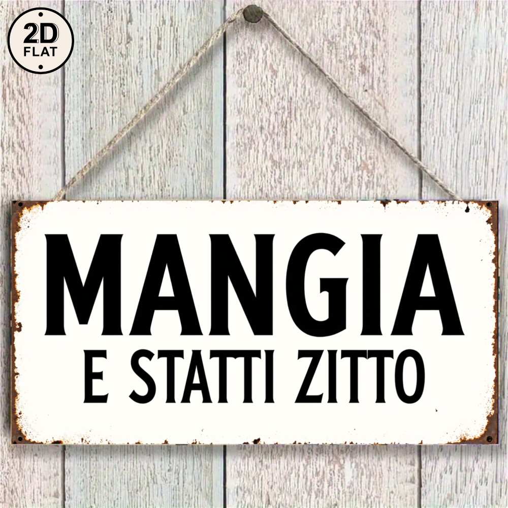 TEMU Plaque Murale Plate 2D avec Italienne "Mangia E Zitto" - Plaque Suspendue Artificielle Rétro avec Lettrage Noir sur Fond Blanc, Convient pour la