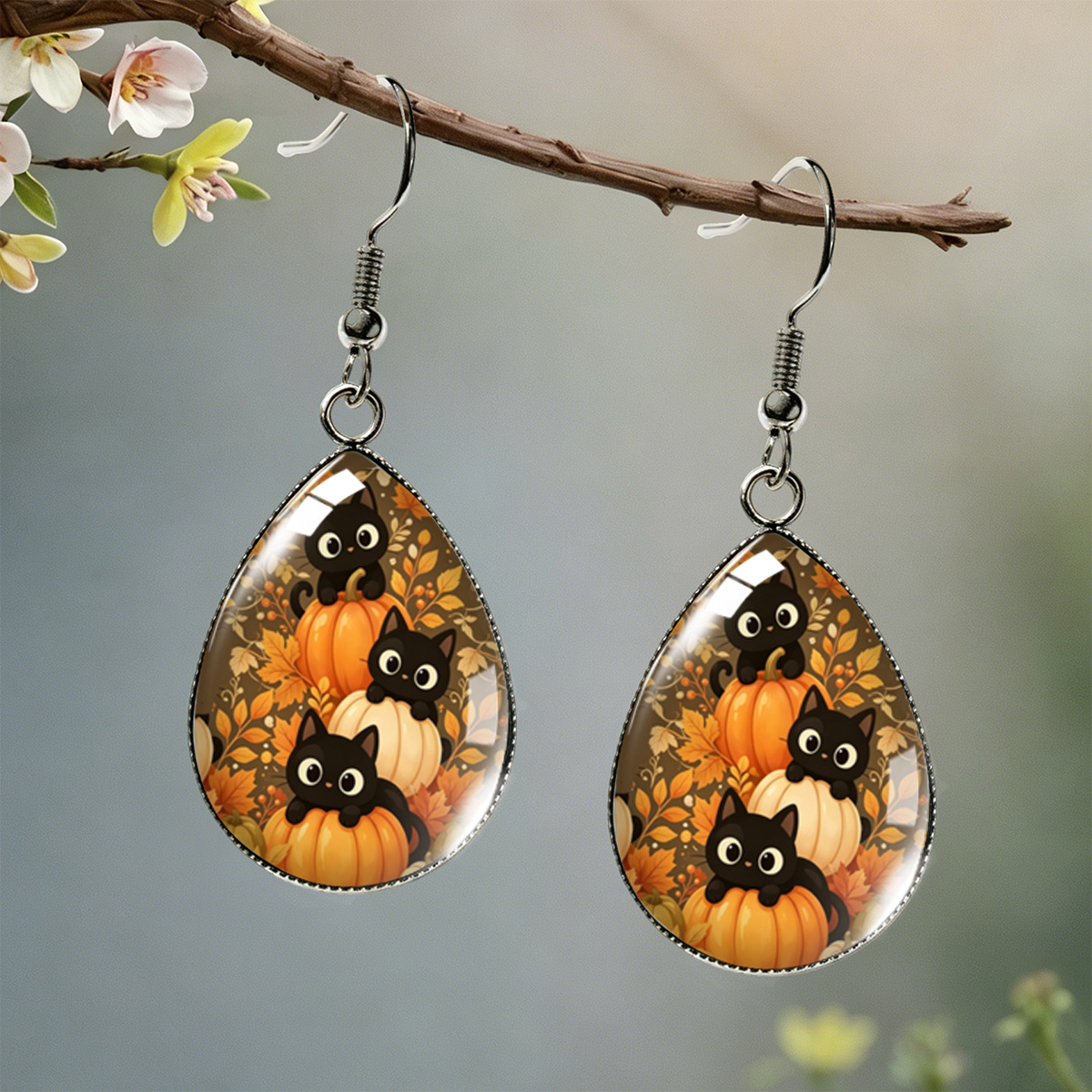TEMU 1 Pair Of Warm Autumn Cute Little Black Cat With Pumpkin And Fallen Leaves Pattern Teardrop Earrings, Halloween Cute Atmosphere Versatile