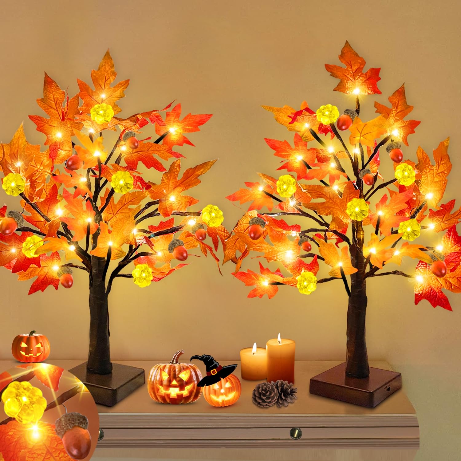 TEMU 1pc Fall Decor 18 Inch Fall Fall Decorations For Home With 48 Leds Timer Battery Operated Pumpkin Lights 6 Lighted Thanksgiving Halloween Decor