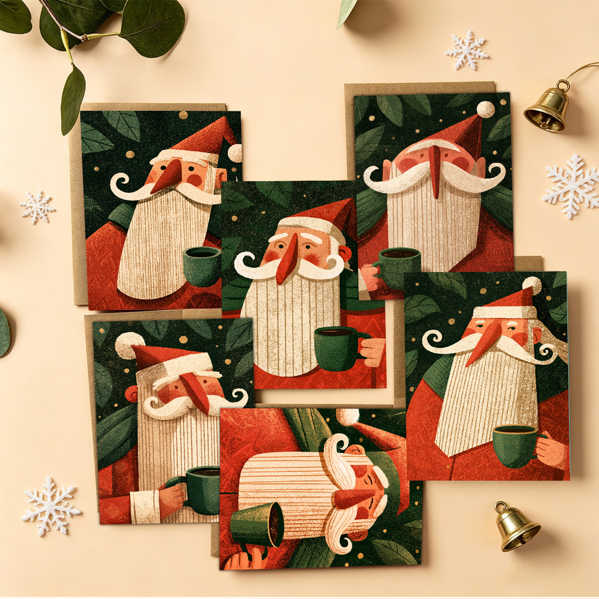 6/12 stuks kerstkaarten met kerstman met rode  , witte baard, groene achtergrond, gouden accenten,   kerstfeest ontwerp, leeg van binnen, inclusief enveloppen - perfect voor feestdagen, feesten, uitnodigingen of cadeaus
