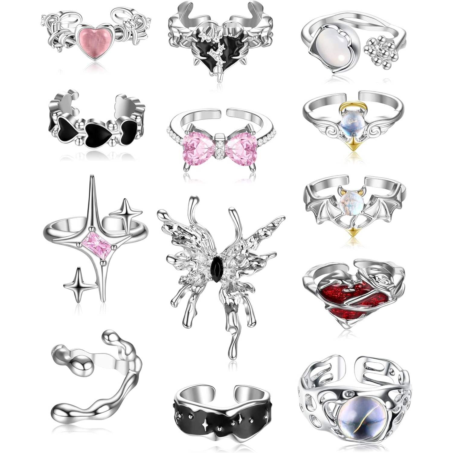 Image of Set Of 13 Y2k Rings Designed For Women, Featuring Unique Irregular Shapes. Chunky Adjustable Rings Are Suitable For Women And Men, Showcasing Gothic Styles With Open Designs Of Butterflies, Stars, And