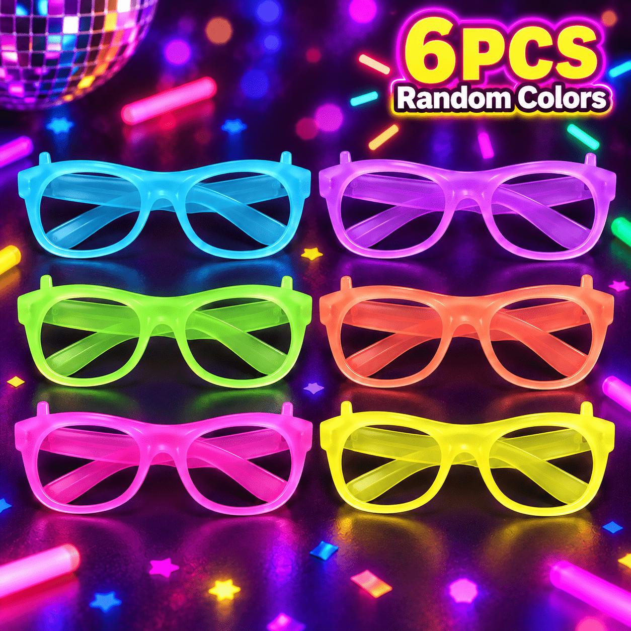 TEMU Random 6 Pairs -the-dark Party Glasses Set, Frameless Fluorescent Plastic Eyewear, Lightweight And Durable, Suitable For Birthday Parties, Music