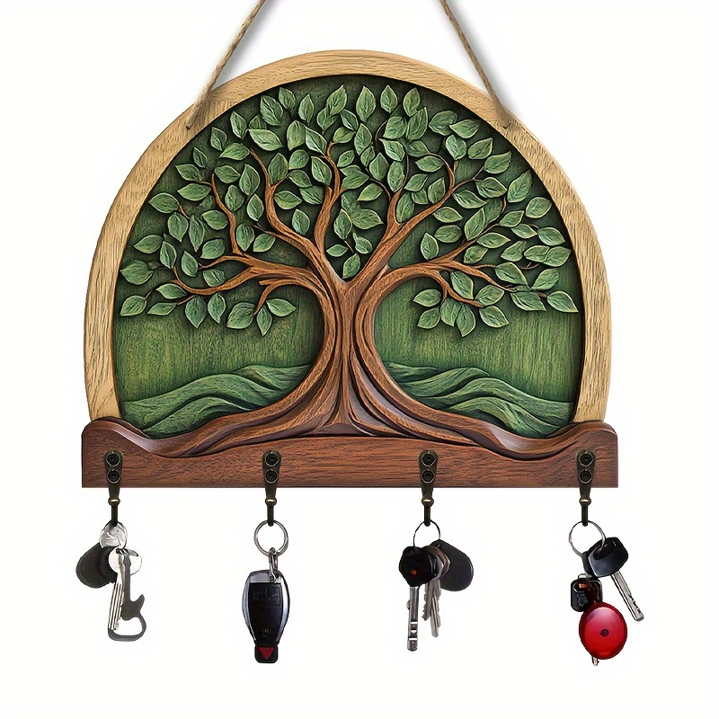 TEMU A Wooden Keychain Featuring Of Life, Suitable For All , With A Metal Hook, Measuring 29.97 Cm X 24.64 Cm - A Vintage-style Wall Art Piece 2d