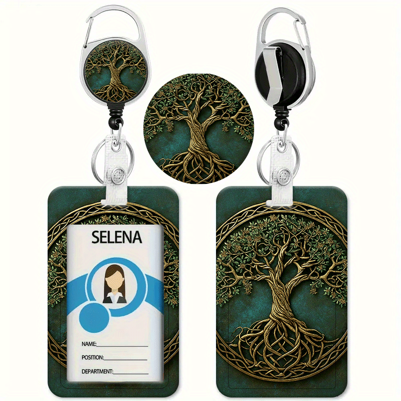 TEMU Keltisch Boompatroon Ontwerp in Goudkleur, Bedrukte Kaarthouder met Intrekbare Badge Reel - ID- en Creditcardhouder, Heavy-Duty Badge Lanyard