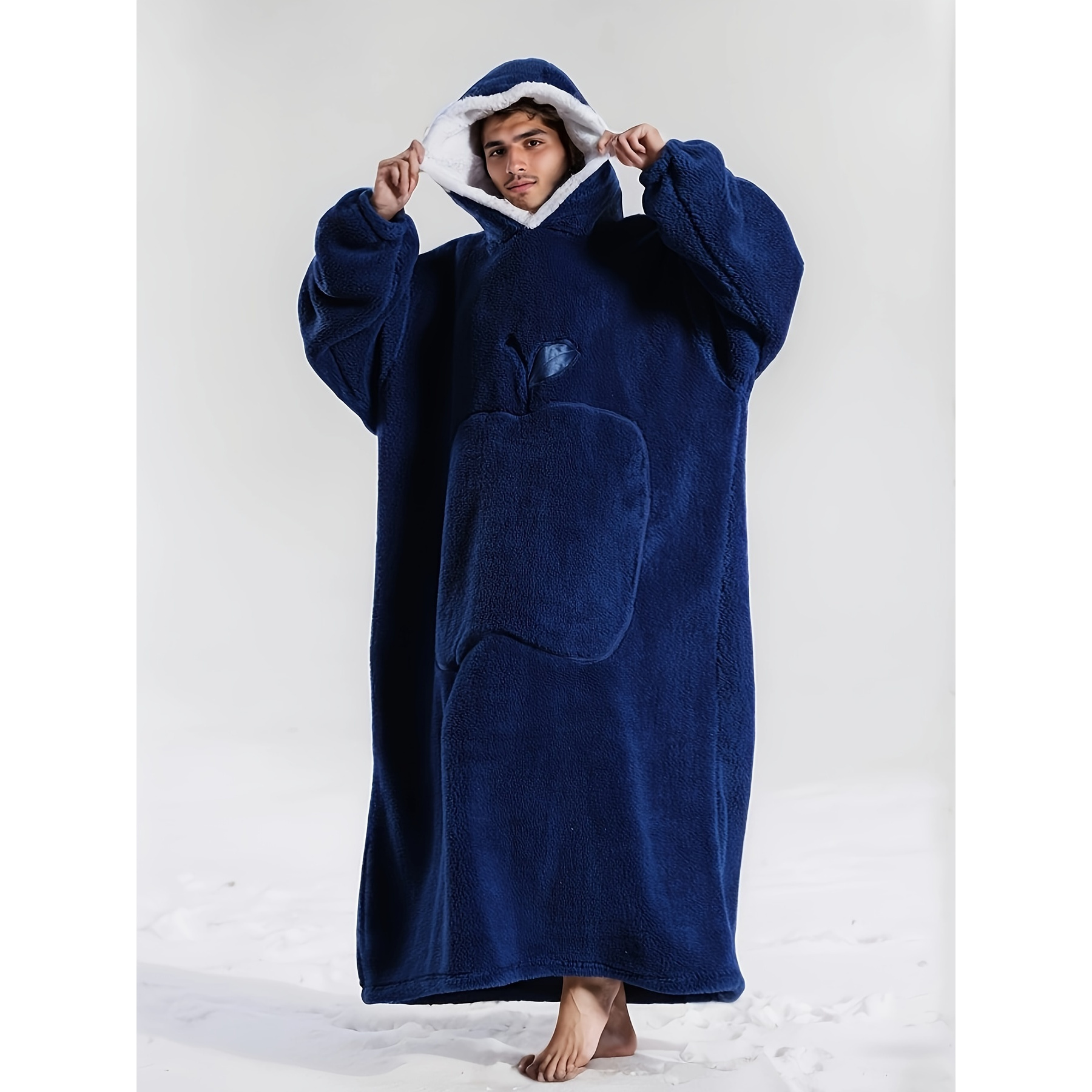 

Men's Oversized Sleep Robe, Long Navy Blue Embroidery Winter Warm Bathrobe, Christmas Design, Soft Plush Casual Wear With Hood, Large Pocket, Polyester, Loose Fit For Home And Outdoor Use, Plus Size