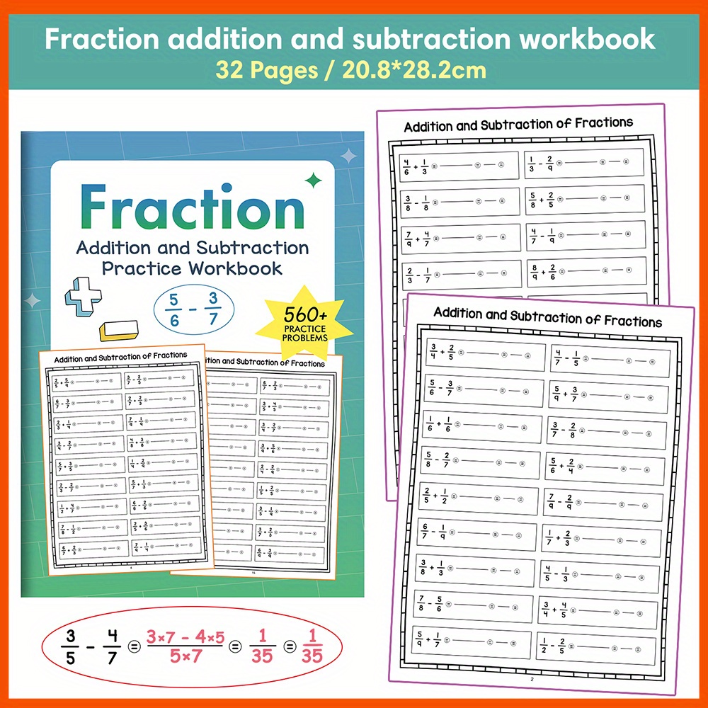 Fraction Addition And Subtraction Math Workbook For Kids: Practice Worksheets Drills - Basic Fraction Skills | Ages 3+ | Classroom Homeschool Learning Materials