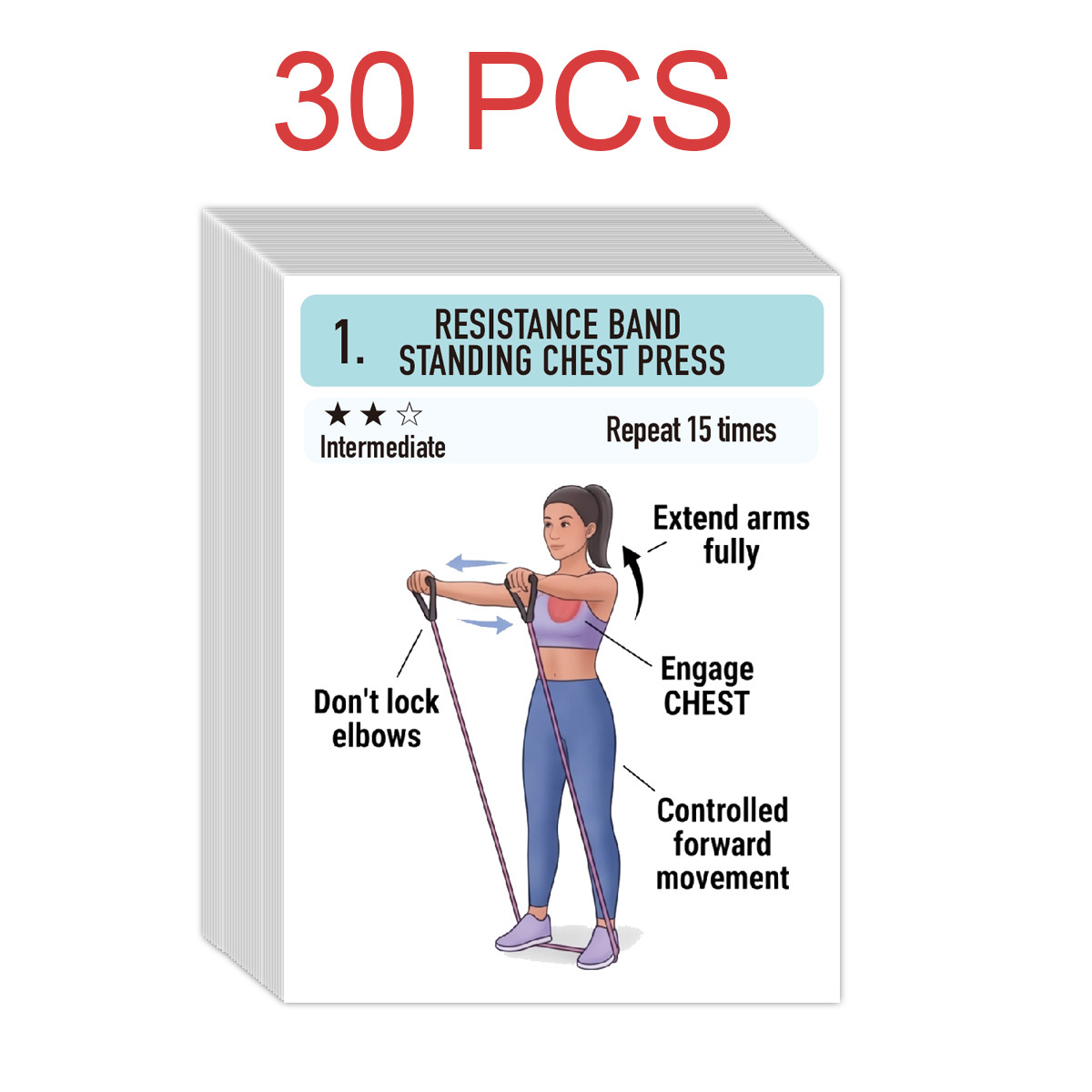 Image of 30 Resistance Band Exercise Cards - Workout Set | Full Training Flash Cards For Home Fitness And Travel, With Standard Fitness/rehabilitation Movement Specifications, Covering Upper Limbs