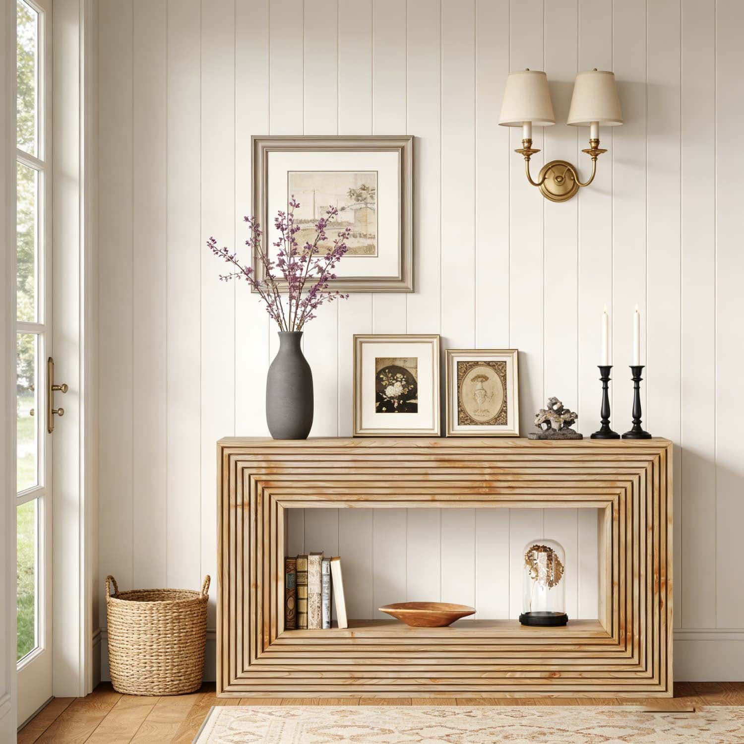 Image of Narrow Wooden Console Table For The Farmhouse, Featuring Storage, Measuring 150 X 30 X 83 Cm, Suitable For , , And Living Rooms, In End