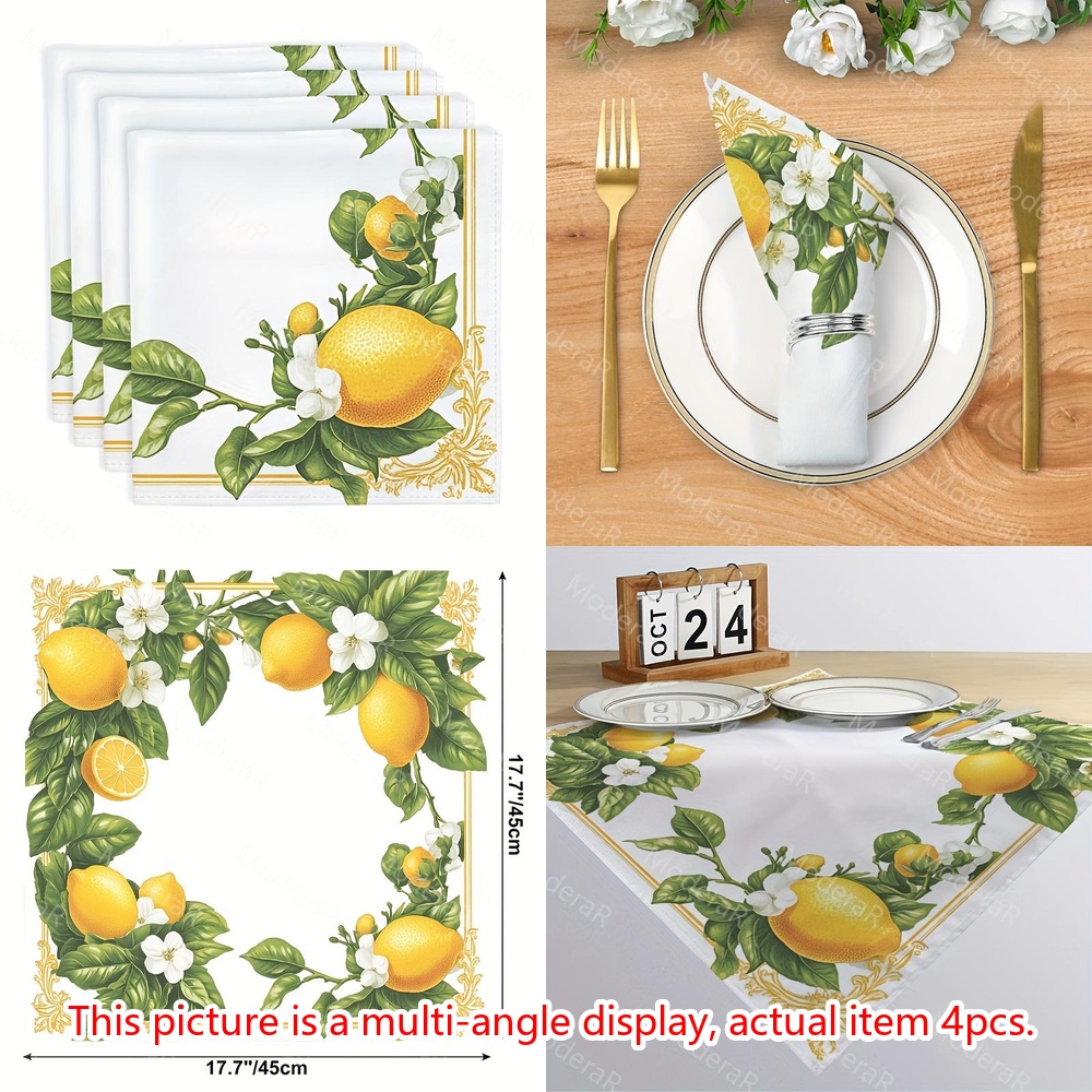 TEMU 4pcs 2d Flat Printed Lemon With Daisy French Country Style Reusable Cloth Napkins - Soft Absorbent Square White Cloth Napkins With Lemon Floral