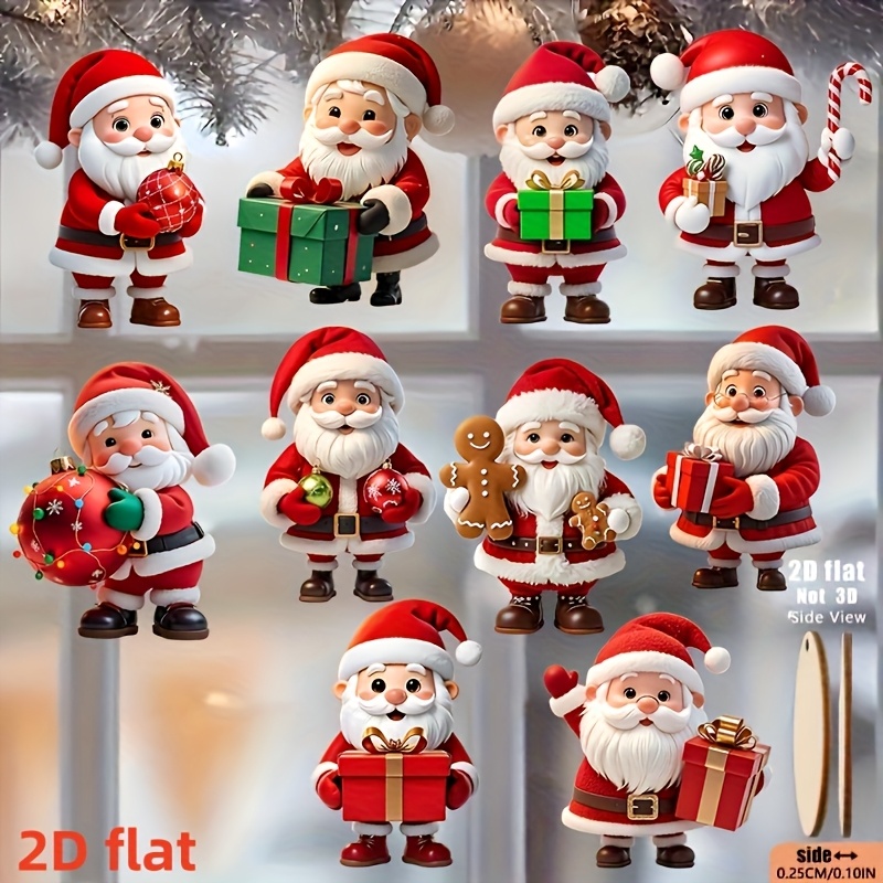 TEMU 2d Flat, 10pcs Christmas Series 10 Fun Santa Claus Holding Gift Box, Gingerbread, Candy Cane Design Pattern Holiday Pendants, Handmade Wooden
