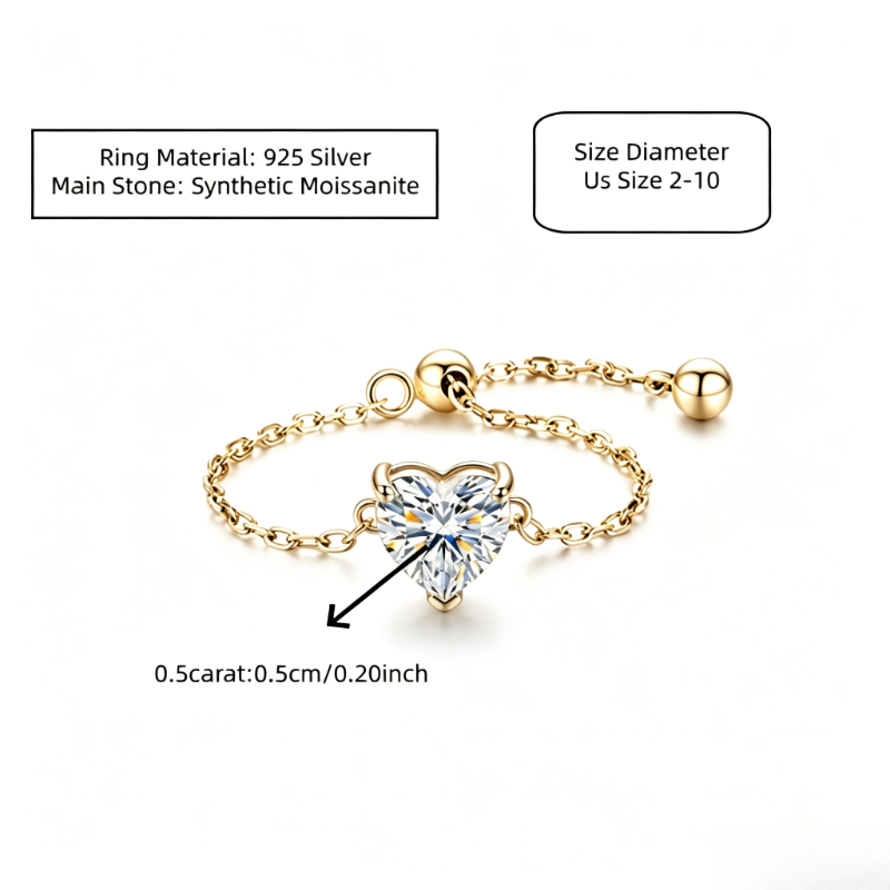 Women's Love Moissanite Ring, Adjustable Chain Design