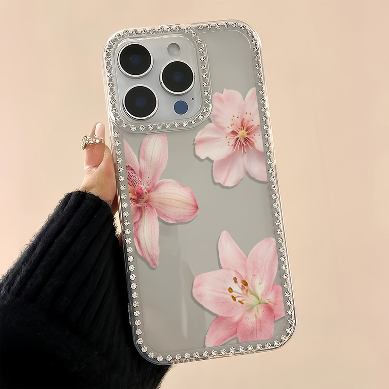 TEMU Phone Case - 1pc Pink Hibiscus Trendy Pattern Rhinestone Case Transparent Phone Case Cover For Iphone 17 16 15 14 13 12 11 Pro Max Air