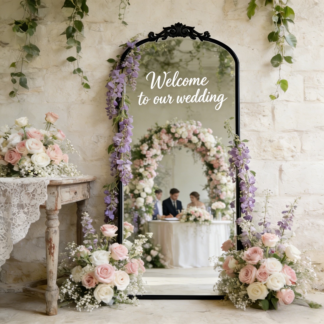 Image of Engraved Arch Standing Mirror, Metal Frame Full Body Makeup Mirror With Stand, Welcome Decor & Dressing Mirror For Outdoor Garden Party & Engagement Event