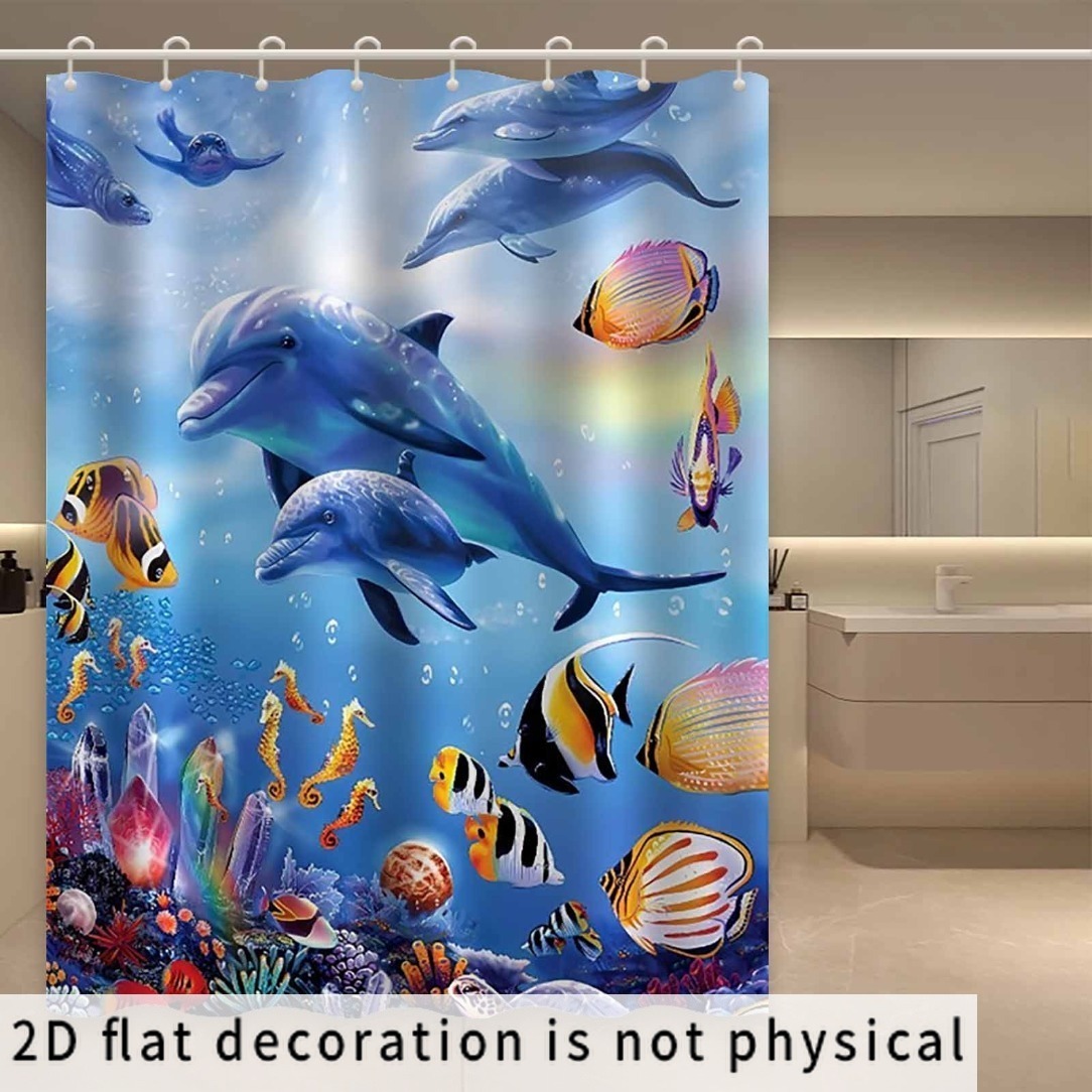 TEMU 2d Flat, 2d Curtain, 1pc, Dolphin And Pattern Shower Curtain, Featuring Of , Colorful , And Coral Crystals, Tone Design, Suitable For Home