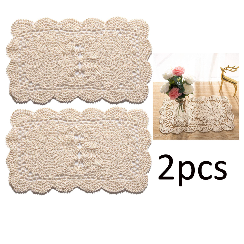 

2pcs Handmade Crochet Lace Doilies - Rectangular Placemats & Coasters, Acrylic, Hand Wash Only - Kitchen & Dining Decor