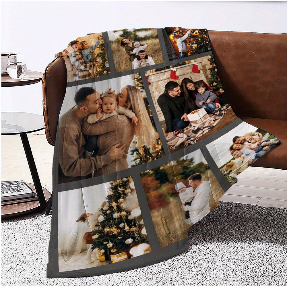 1pc cozy custom photo flannel blanket personalized picture throw for couples family soft warm memory blanket ideal for office bed sofa armchair napping camping travel machine washable     multipurpose polyester knit details 4