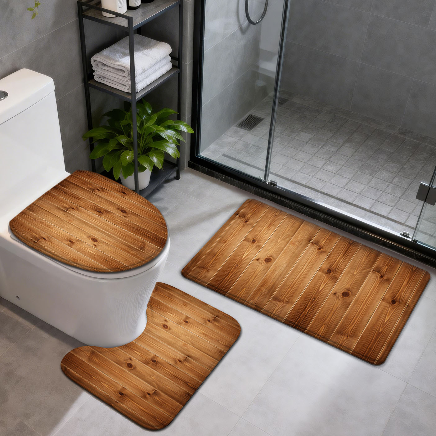 TEMU 3/4pcs Bathroom Anti-slip Mat Set, Light Brown Wood Wall, Home Decor Shower Room Door Absorbent Mat, Household Soft -dry Carpet, Toilet Laundry