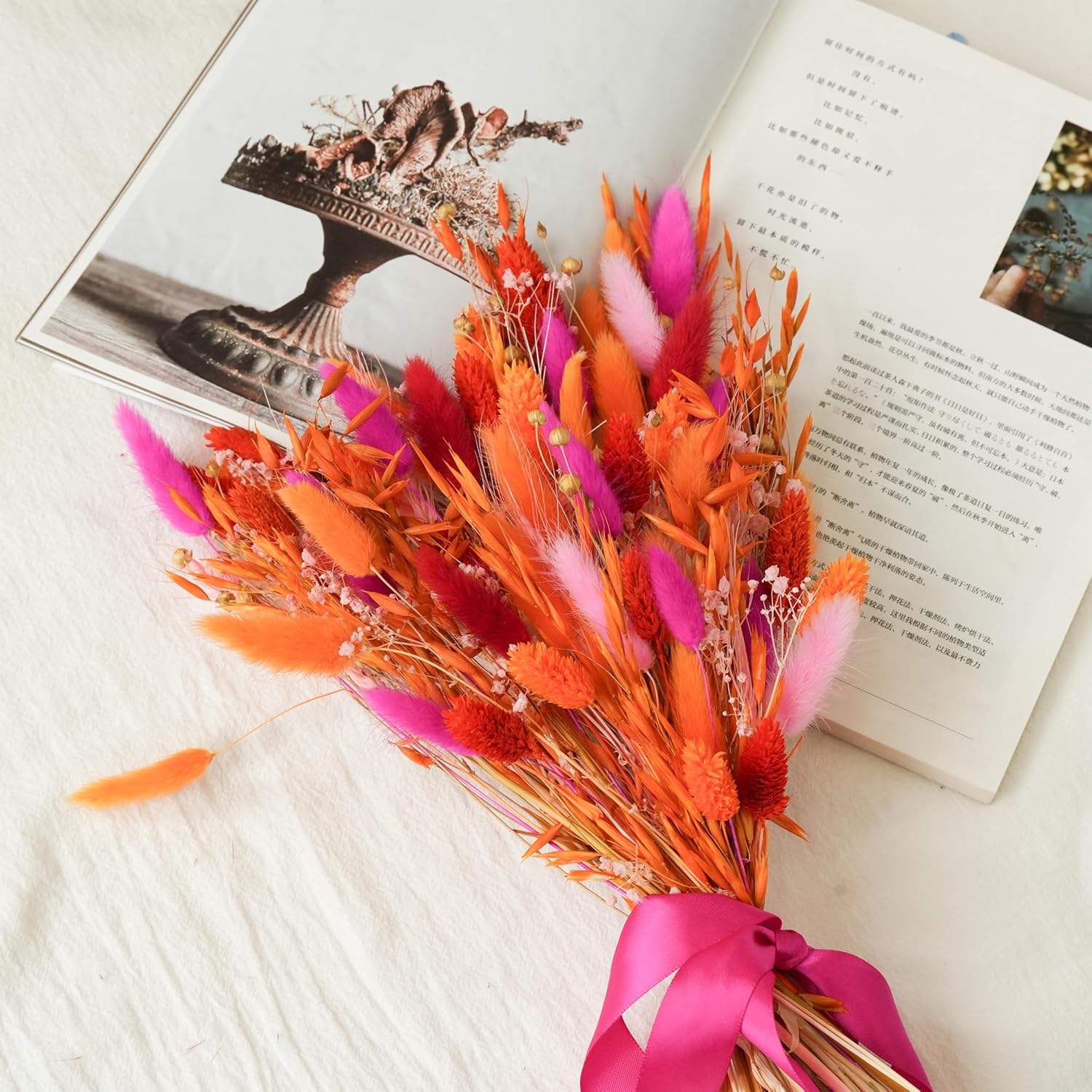 Image of 72pcshandcrafted Orange Dried Flower Bouquet - 17 Floral Arrangement Designed By Florists With Bunny Tails, Baby's Breath & For Wedding, Home, Office, Party & Farmhouse Decor