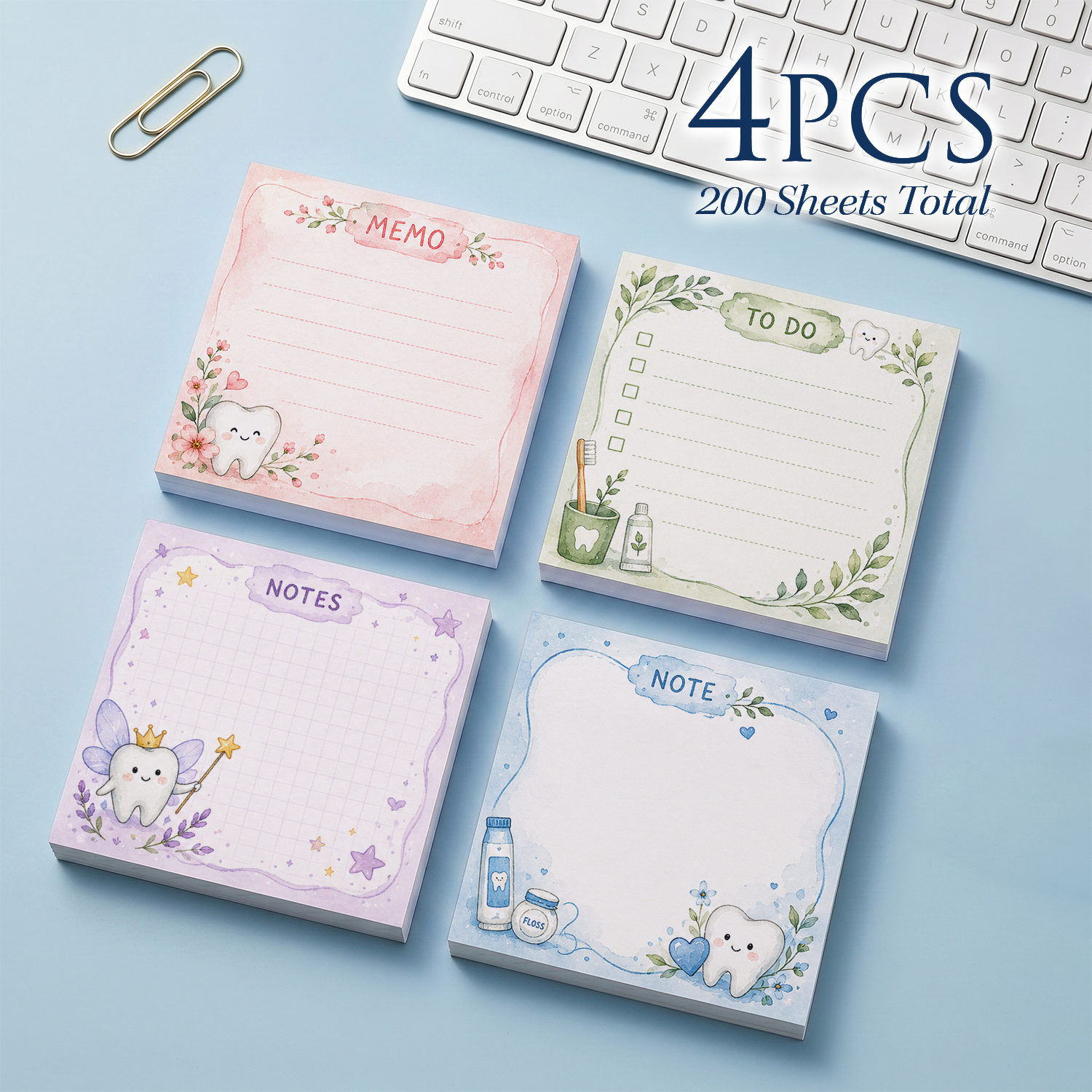 TEMU 4pcs Cute Tooth Sticky Notes Set, Self-adhesive Memo Pads, 200 Sheets Total, Tooth Fairy To-do List And Note Pads, Removable Adhesive Notes For