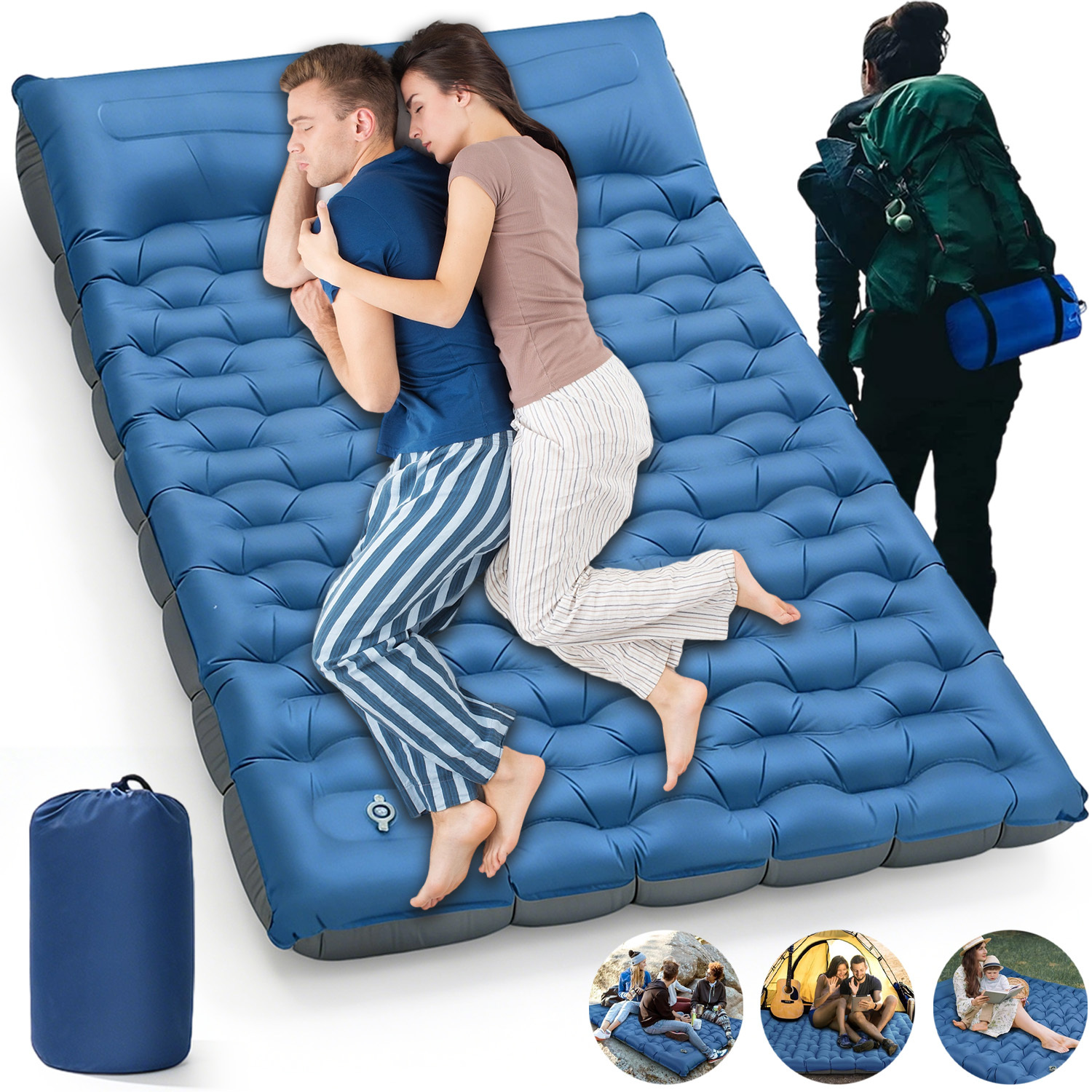 High-quality 2-person Inflatable Inflatable Sleeping Pad With Pillows & Built-in Foot Pump For Camping, Hiking, Travel & Backpacking