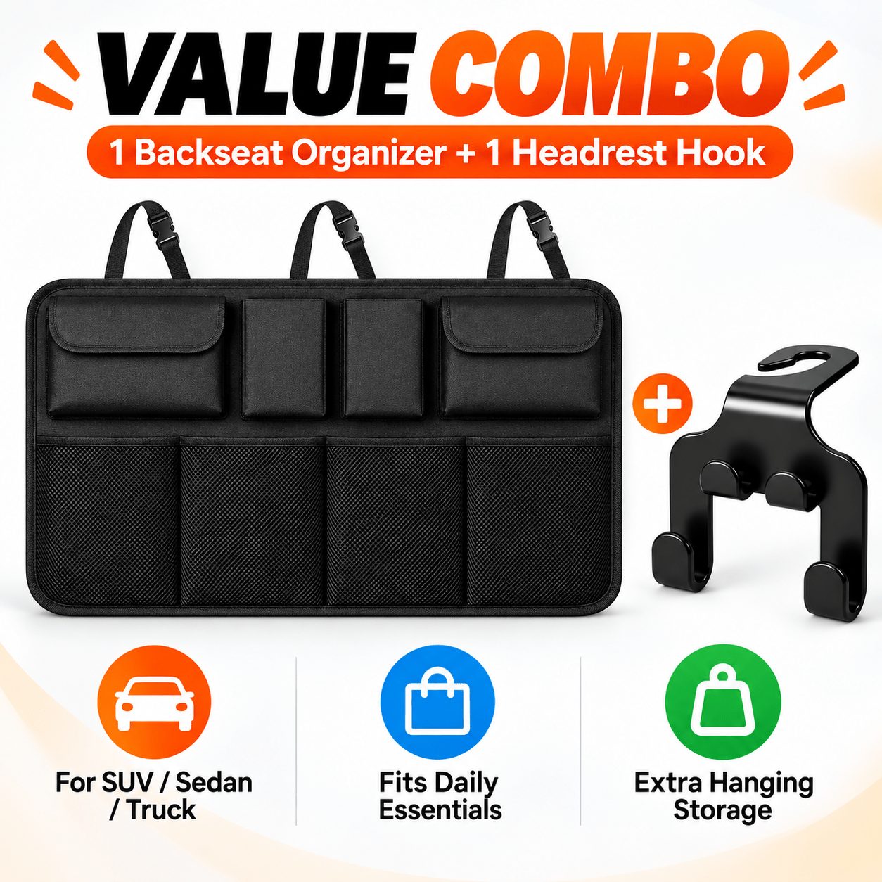 1pc Car Trunk Organizer With 1 Seat Hook, 8-pocket Hanging Backseat Storage Organizer, Large Capacity Seat Back Cargo Bag For Suv, Sedan, Truck & Travel