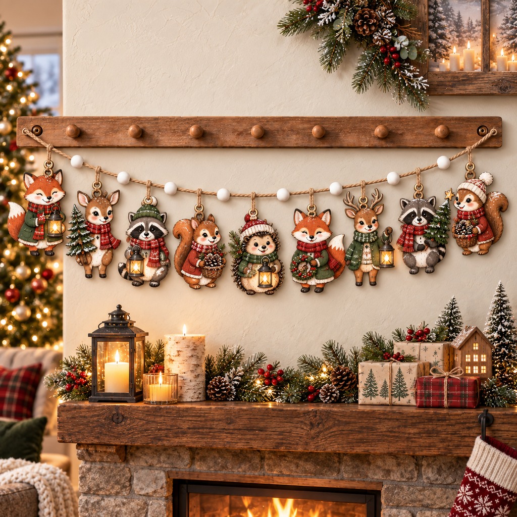 TEMU 1 Set Wooden Forest Animal Garland Vintage Christmas Hanging Banner Fox Deer Raccoon Squirrel Hedgehog With Lantern Pine Tree Pattern Fireplace